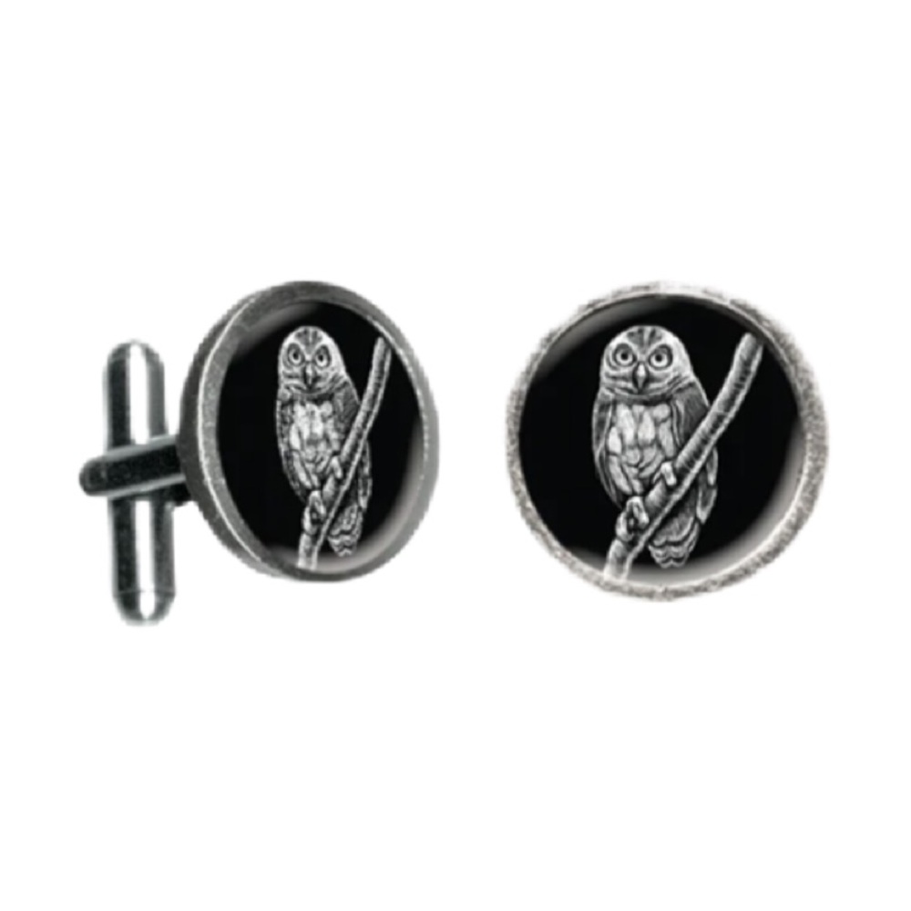 Cuff link set.  Albertine Owlet image by Simon Sotelo. Classic Hardware brand.